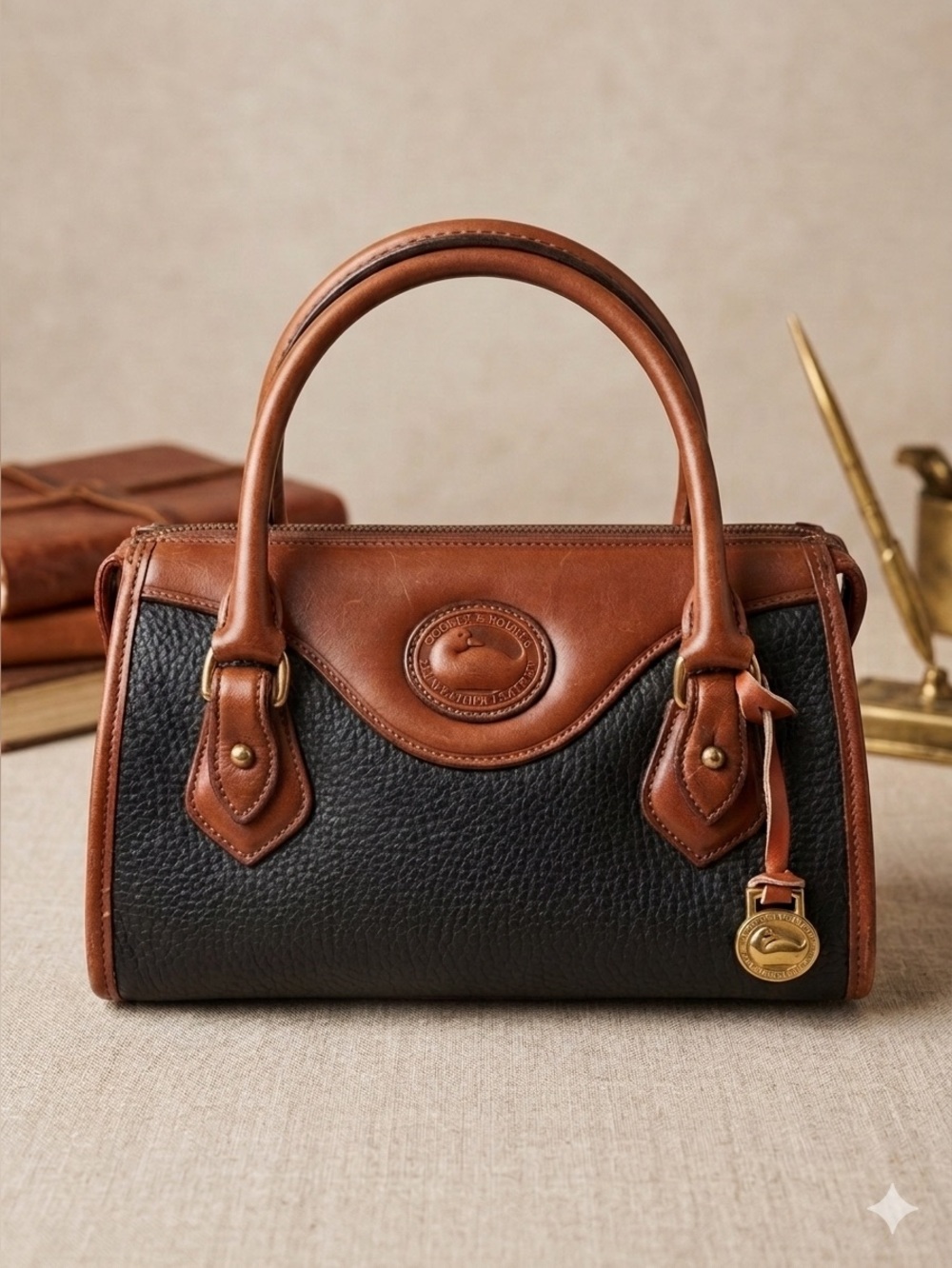 Dooney & Bourke / Vintage Black with Brown Leather Trim Pebble Satchel - Picture 1 of 16